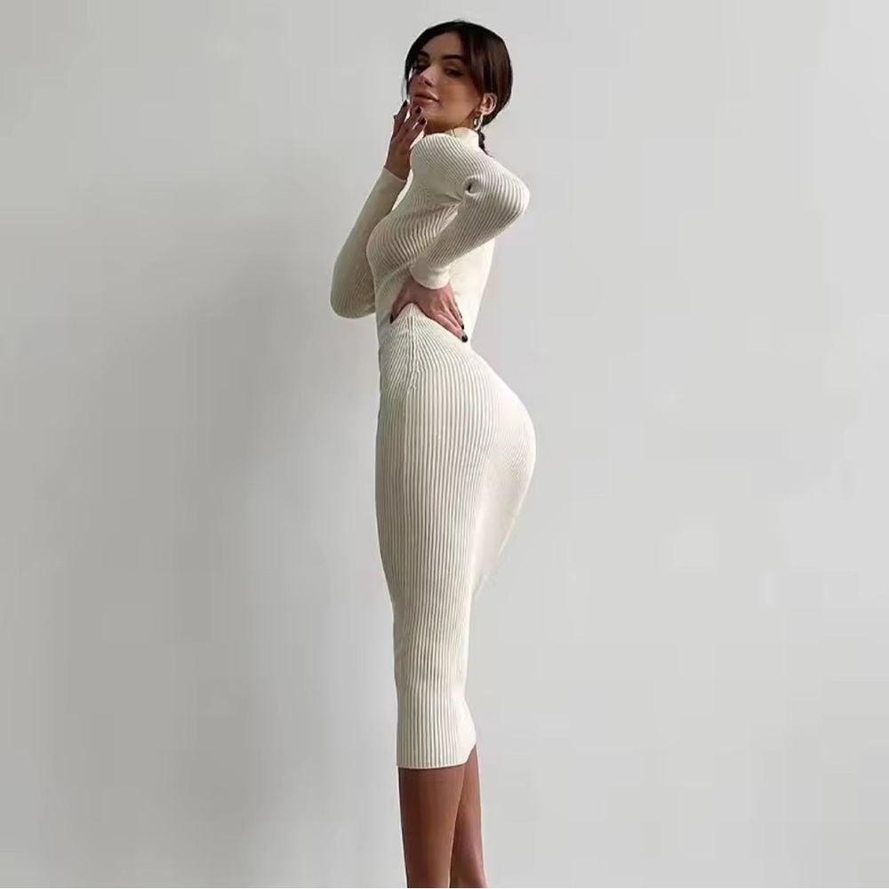Ribbed Cream Long Sleeve Bodycon Midi Dress size XS